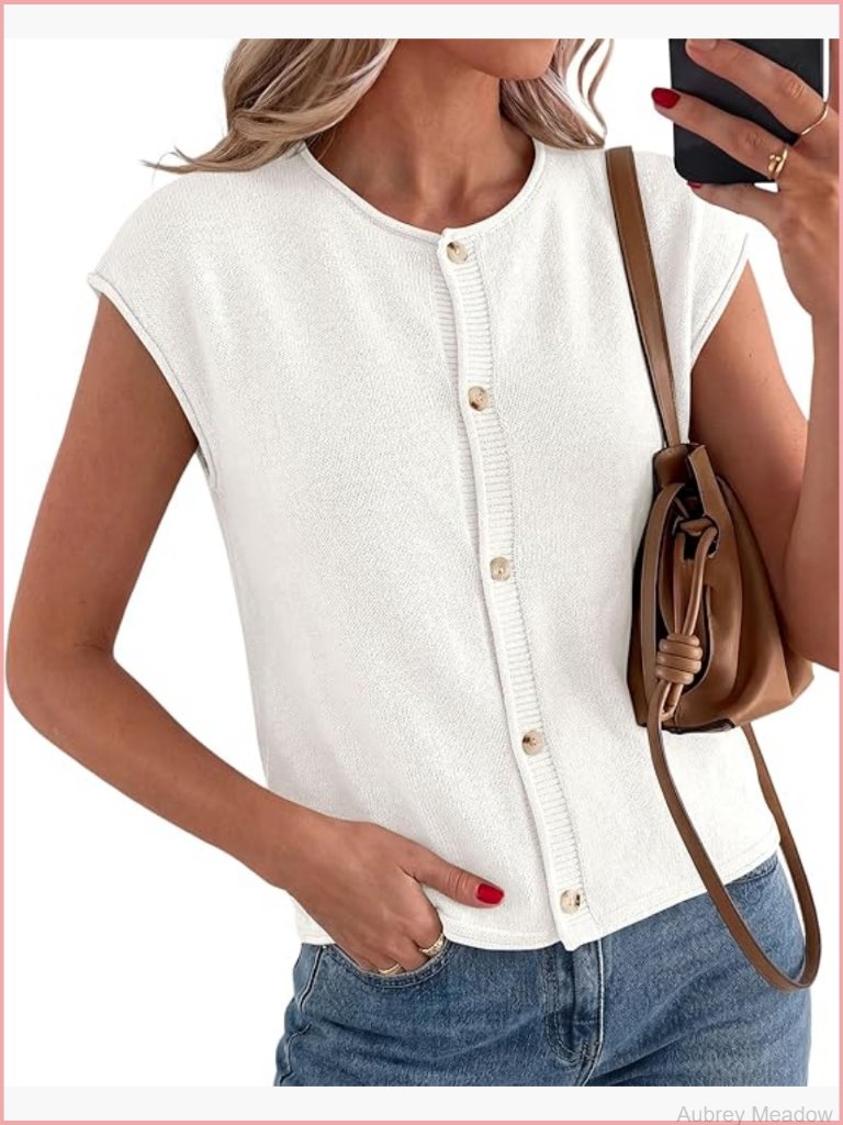 Cap Short Sleeve Cardigan Button Down Loose Fit Summer Vest Sweater Women